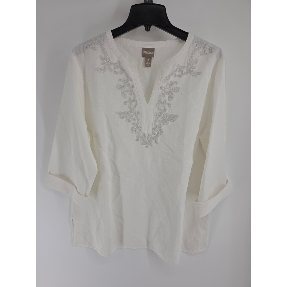 Chico's White Linen Blend Embroidered Tunic Top Silver Metallic V-Neck Size 3 XL